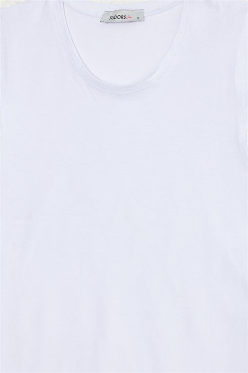 Kadın Slim Fit Dar Kesim Pamuklu Likralı Bisiklet Yaka Ay Kol Beyaz Tişört