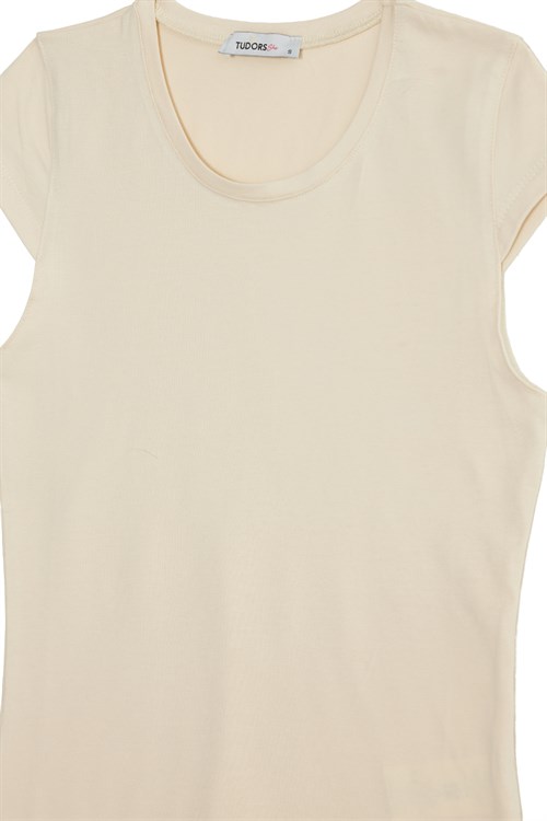 Kadın Slim Fit Dar Kesim Pamuklu Likralı Bisiklet Yaka Ay Kol Sarı Tişört