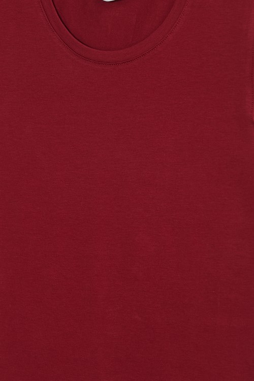 Kadın Slim Fit Dar Kesim Pamuklu Likralı Bisiklet Yaka Ay Kol Bordo Tişört
