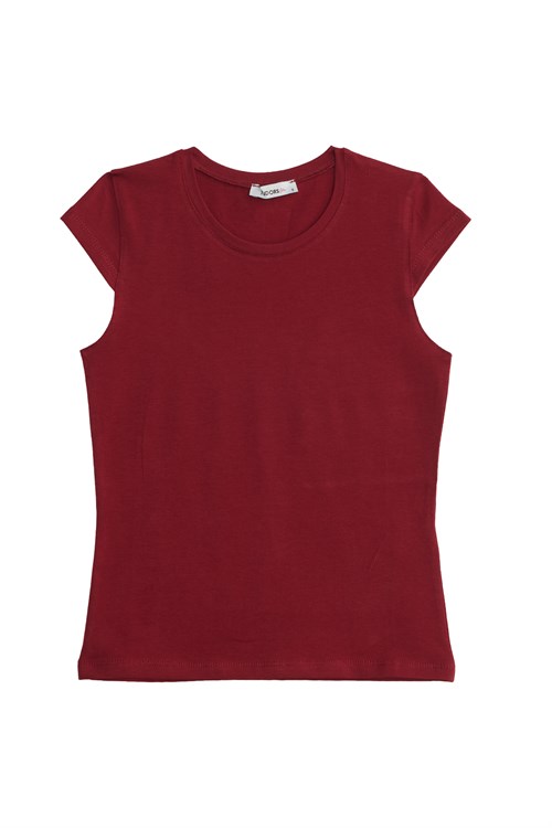 Kadın Slim Fit Dar Kesim Pamuklu Likralı Bisiklet Yaka Ay Kol Bordo Tişört