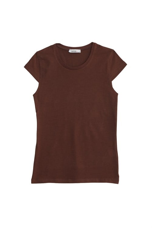 Kadın Slim Fit Dar Kesim Pamuklu Likralı Bisiklet Yaka Ay Kol Kahverengi Tişört