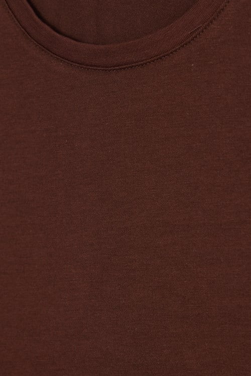 Kadın Slim Fit Dar Kesim Pamuklu Likralı Bisiklet Yaka Ay Kol Kahverengi Tişört