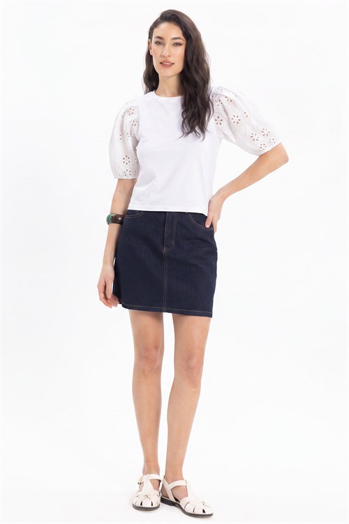 Kadın Slim Fit Dar Kesim %100 Pamuk Kısa Kollu Bisiklet Yaka Beyaz Tişört