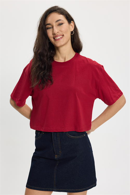Kadın Slim Fit Dar Kesim %100 Pamuk Kısa Kollu Bisiklet Yaka Bordo Crop Tişört