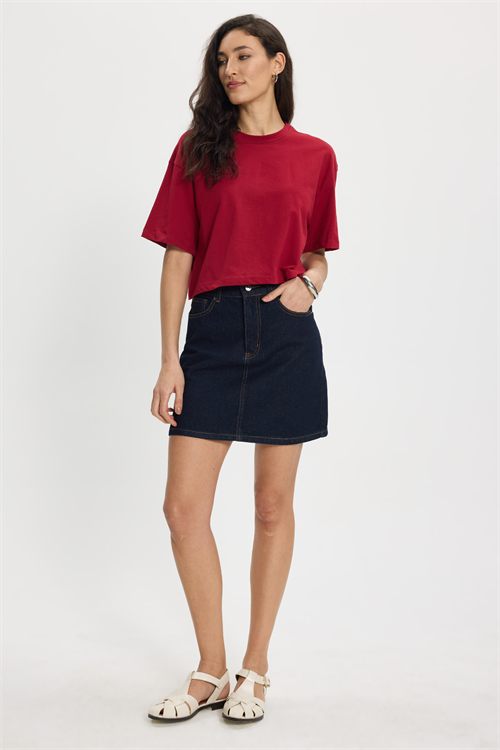 Kadın Slim Fit Dar Kesim %100 Pamuk Kısa Kollu Bisiklet Yaka Bordo Crop Tişört
