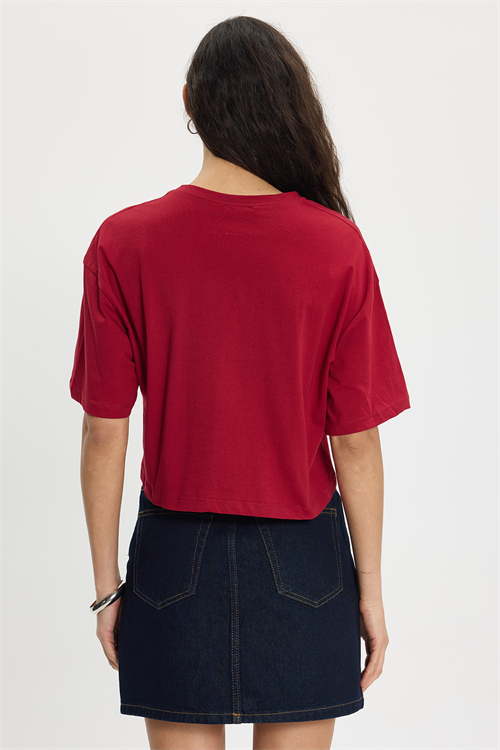 Kadın Slim Fit Dar Kesim %100 Pamuk Kısa Kollu Bisiklet Yaka Bordo Crop Tişört