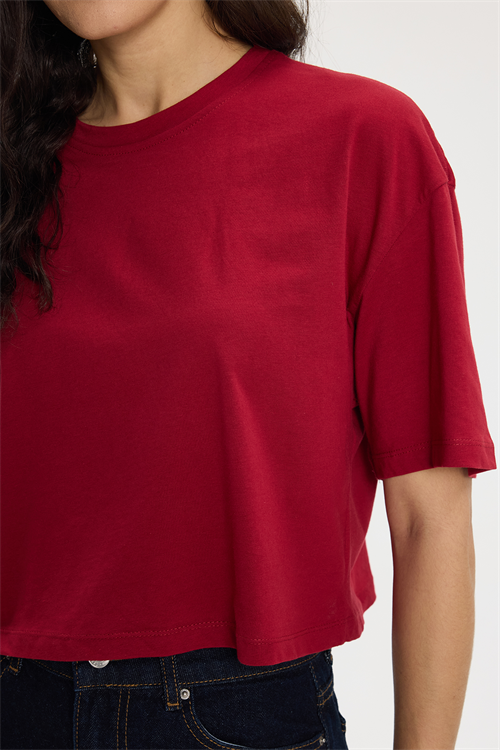 Kadın Slim Fit Dar Kesim %100 Pamuk Kısa Kollu Bisiklet Yaka Bordo Crop Tişört