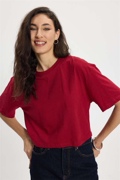 Kadın Slim Fit Dar Kesim %100 Pamuk Kısa Kollu Bisiklet Yaka Bordo Crop Tişört