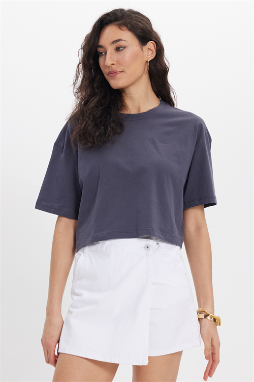 Kadın Slim Fit Dar Kesim %100 Pamuk Kısa Kollu Bisiklet Yaka Gri Crop Tişört