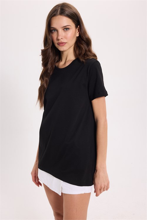 Kadın Slim Fit Dar Kesim %100 Pamuk Kısa Kollu Bisiklet Yaka Siyah Tişört