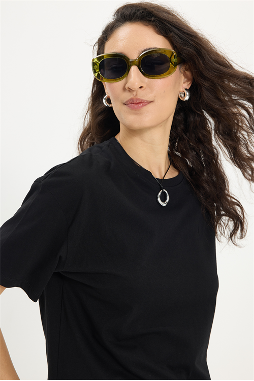 Kadın Slim Fit Dar Kesim %100 Pamuk Kısa Kollu Bisiklet Yaka Siyah Tişört