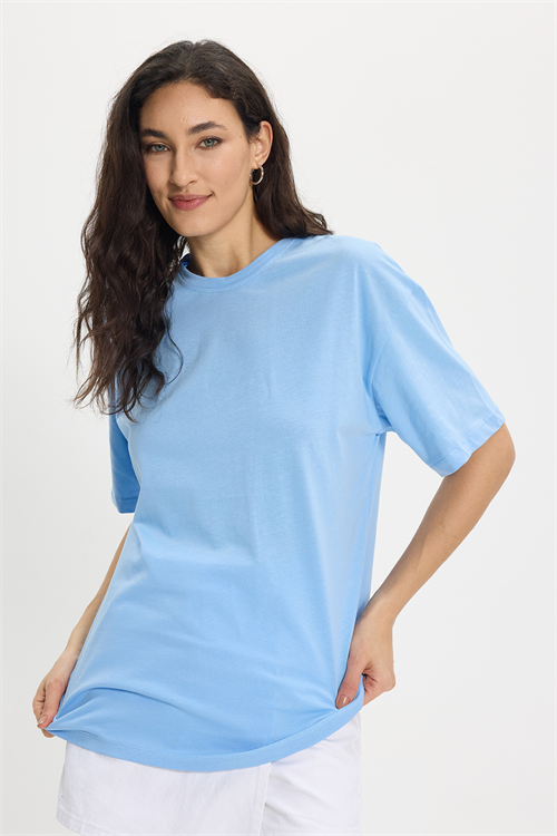 Kadın Slim Fit Dar Kesim %100 Pamuk Kısa Kollu Bisiklet Yaka Mavi Tişört