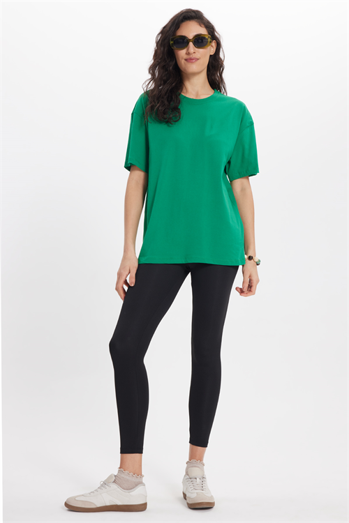Kadın Slim Fit Dar Kesim %100 Pamuk Kısa Kollu Bisiklet Yaka Yeşil Tişört