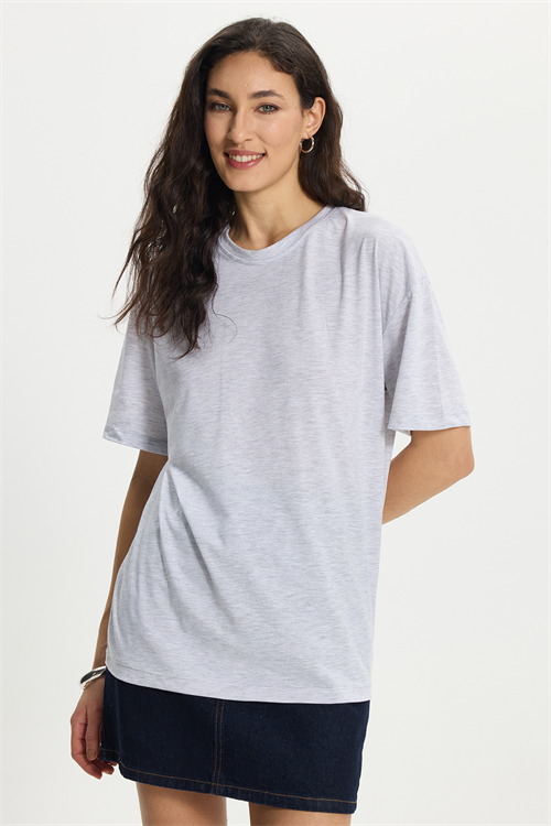 Kadın Slim Fit Dar Kesim %100 Pamuk Kısa Kollu Bisiklet Yaka Açık Gri Tişört