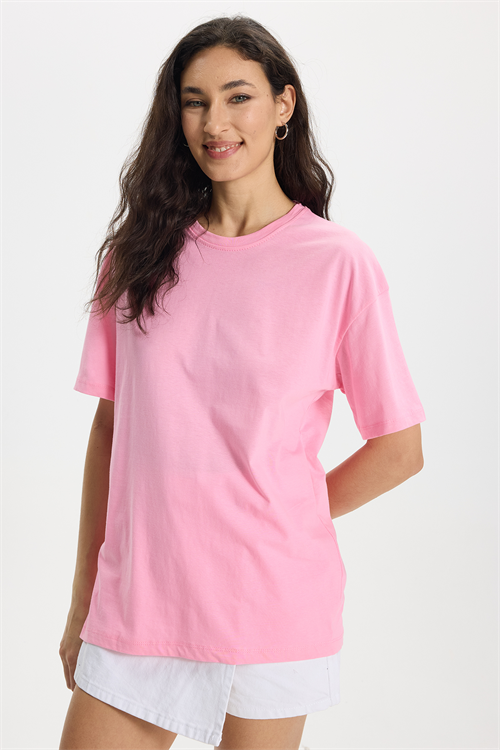 Kadın Slim Fit Dar Kesim %100 Pamuk Kısa Kollu Bisiklet Yaka Pembe Tişört