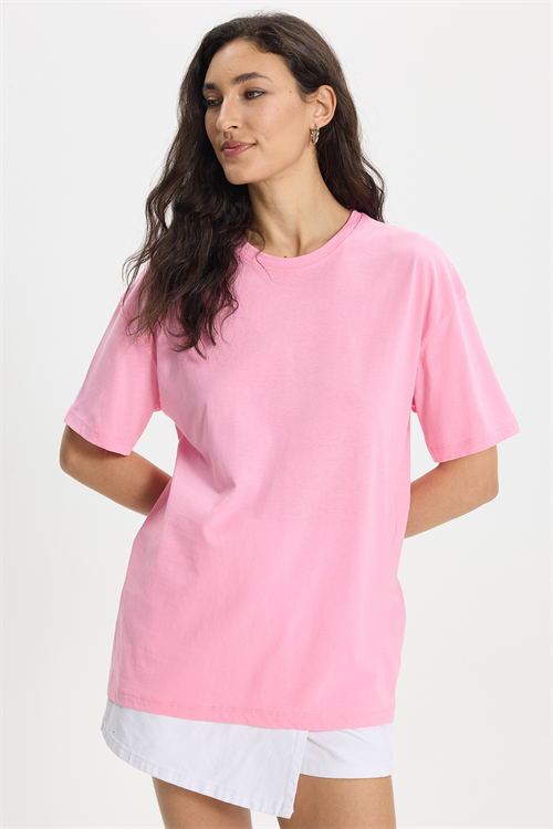 Kadın Slim Fit Dar Kesim %100 Pamuk Kısa Kollu Bisiklet Yaka Pembe Tişört
