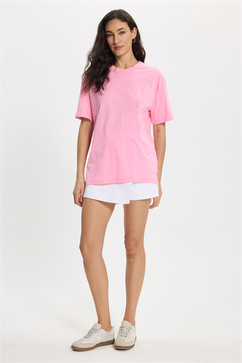 Kadın Slim Fit Dar Kesim %100 Pamuk Kısa Kollu Bisiklet Yaka Pembe Tişört