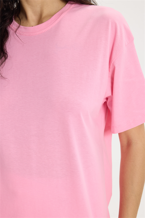 Kadın Slim Fit Dar Kesim %100 Pamuk Kısa Kollu Bisiklet Yaka Pembe Tişört