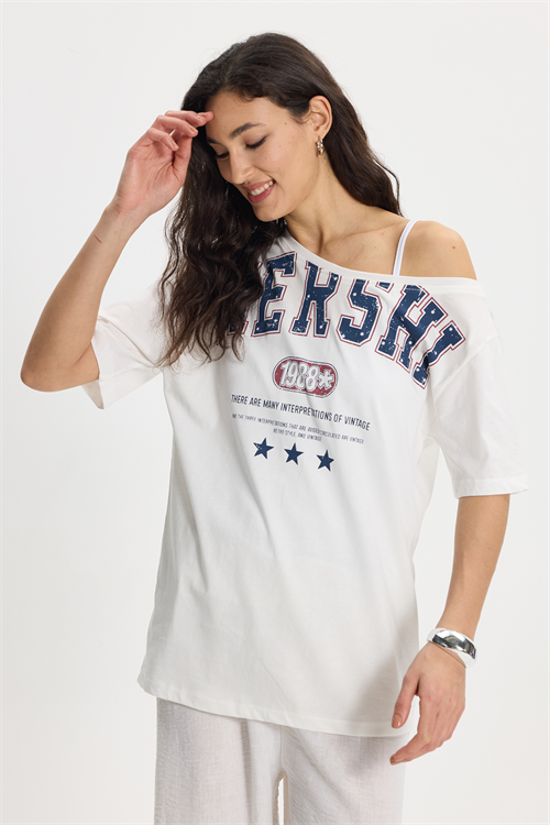 Kadın Oversize Geniş Kesim %100 Pamuk Kayık Yaka Kısa Kollu Baskılı Beyaz Tişört