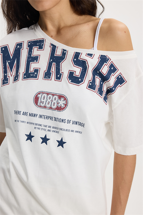 Kadın Oversize Geniş Kesim %100 Pamuk Kayık Yaka Kısa Kollu Baskılı Beyaz Tişört
