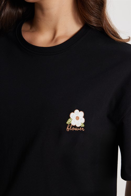 Kadın Oversize Geniş Kesim %100 Pamuk Bisiklet Yaka Kısa Kollu Baskılı Siyah Tişört