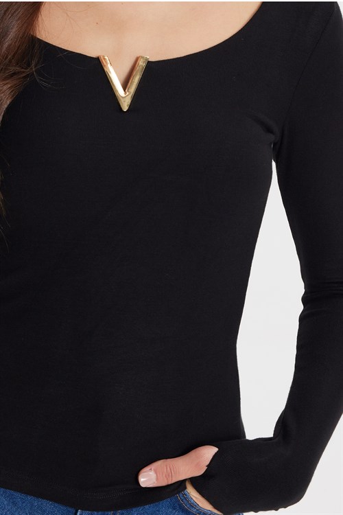 Kadın Slim Fit Dar Kesim Pamuklu Uzun Kollu V Yaka Siyah Tişört Bluz