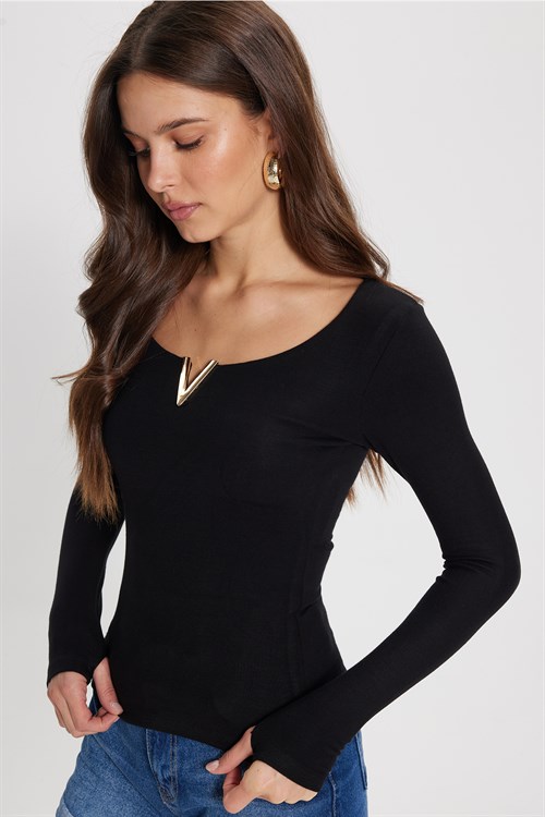 Kadın Slim Fit Dar Kesim Pamuklu Uzun Kollu V Yaka Siyah Tişört Bluz