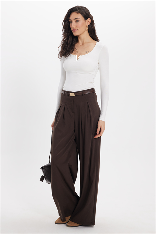 Kadın Slim Fit Dar Kesim Pamuklu Uzun Kollu V Yaka Ekru Tişört Bluz