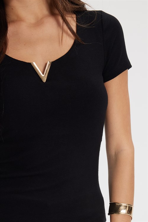 Kadın Slim Fit Dar Kesim Pamuklu V Yaka Kısa Kollu Siyah Bluz