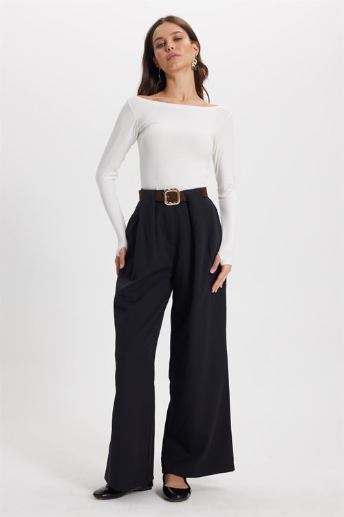Kadın Slim Fit Dar Kesim Pamuklu Kayık Yaka Uzun Kollu Beyaz Bluz
