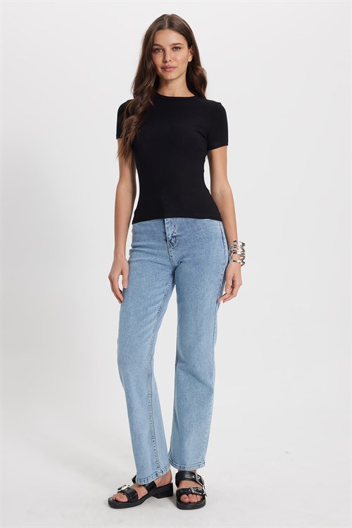 Kadın Slim Fit Dar Kesim Pamuklu Kısa Kollu Bisiklet Yaka Siyah Tişört