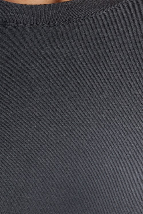 Kadın Slim Fit Dar Kesim Pamuklu Kısa Kollu Bisiklet Yaka Gri Tişört