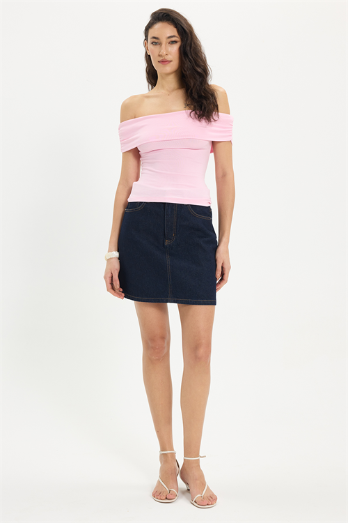 Kadın Slim Fit Dar Kesim Pamuklu Kayık Yaka Kısa Kollu Likralı Pembe Bluz