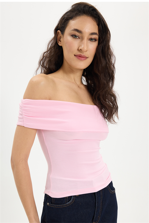 Kadın Slim Fit Dar Kesim Pamuklu Kayık Yaka Kısa Kollu Likralı Pembe Bluz