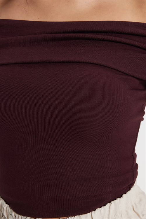 Kadın Slim Fit Dar Kesim Pamuklu Kayık Yaka Kısa Kollu Likralı Bordo Bluz