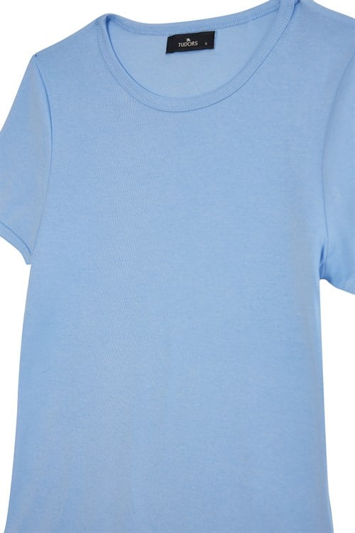 Kadın Slim Fit Dar Kesim %100 Pamuk Kısa Kol Bisiklet Yaka Mavi Tişört