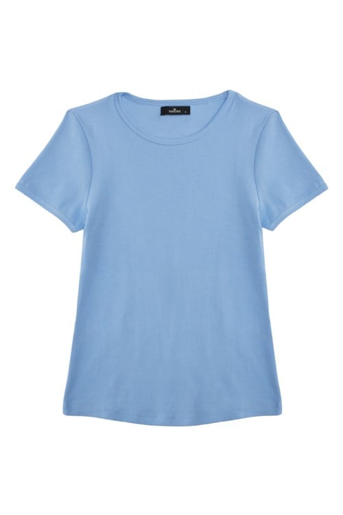 Kadın Slim Fit Dar Kesim %100 Pamuk Kısa Kol Bisiklet Yaka Mavi Tişört