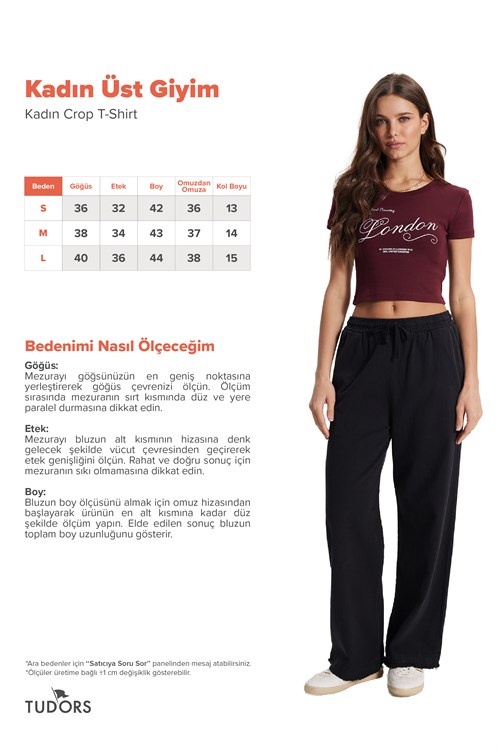 Kadın Slim Fit Dar Kesim %100 Pamuk Bisiklet Yaka Kısa Kollu Baskılı Bordo Crop Tişört