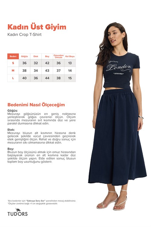 Kadın Slim Fit Dar Kesim %100 Pamuk Bisiklet Yaka Kısa Kollu Baskılı Lacivert Crop Tişört