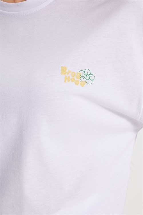 Kadın Oversize Geniş Kesim Bisiklet Yaka %100 Pamuk Yumuşak Dokulu Baskılı Beyaz Tişört