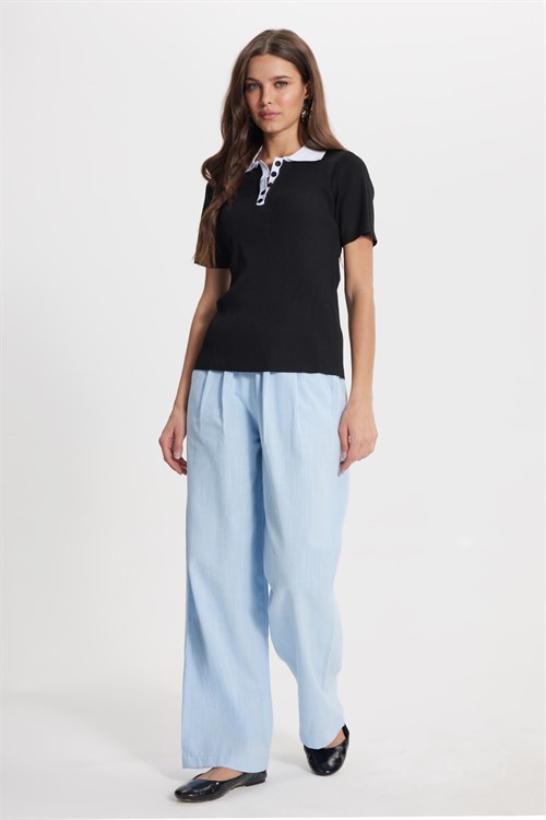 Kadın Slim Fit Dar Kesim Kısa Kollu Fitilli Görünümlü Siyah Polo Yaka Tişört