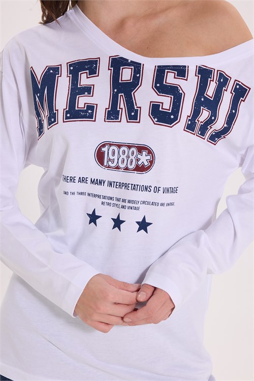 Kadın Oversize Geniş Kesim %100 Pamuk Kayık Yaka Düşük Omuzlu Baskılı Uzun Kollu Beyaz Tişört Bluz