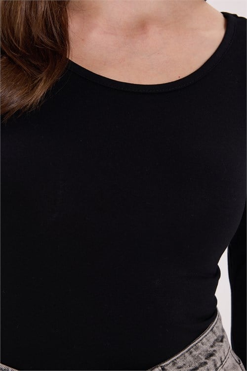 Kadın Slim Fit Dar Kesim Yuvarlak Yaka Standart Omuz Oturtmalı Uzun Kollu Basic Siyah Body Bluz