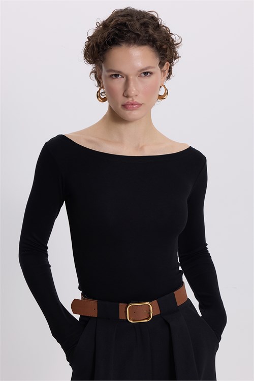 Kadın Slim Fit Dar Kesim Yuvarlak Yaka Standart Omuz Oturtmalı Uzun Kollu Basic Siyah Body Bluz