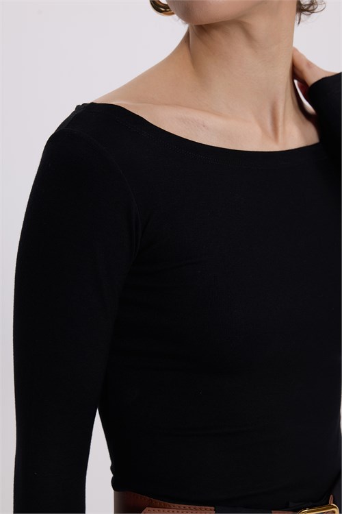 Kadın Slim Fit Dar Kesim Yuvarlak Yaka Standart Omuz Oturtmalı Uzun Kollu Basic Siyah Body Bluz