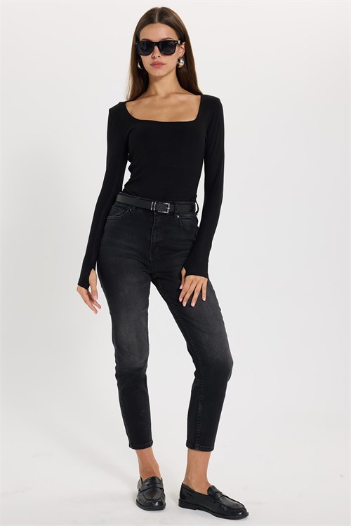 Kadın Slim Fit Dar Kesim Pamuklu Kare Yaka Ultra Soft Siyah Modal Bluz