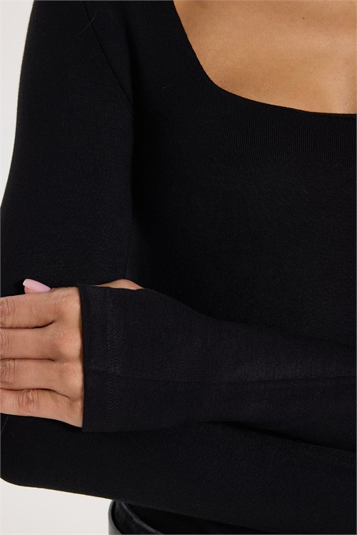 Kadın Slim Fit Dar Kesim Pamuklu Kare Yaka Ultra Soft Siyah Modal Bluz
