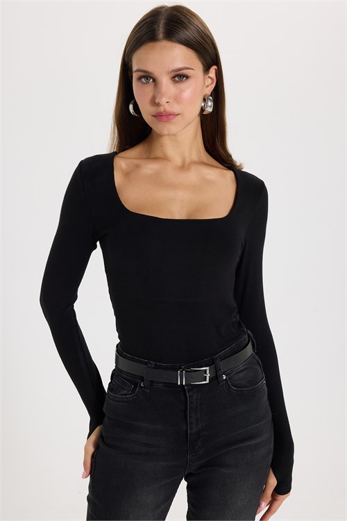 Kadın Slim Fit Dar Kesim Pamuklu Kare Yaka Ultra Soft Siyah Modal Bluz