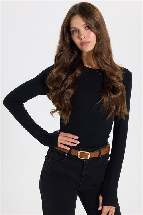 Kadın Slim Fit Dar Kesim Pamuklu Ultra Soft Bisiklet Yaka Modal Siyah Bluz