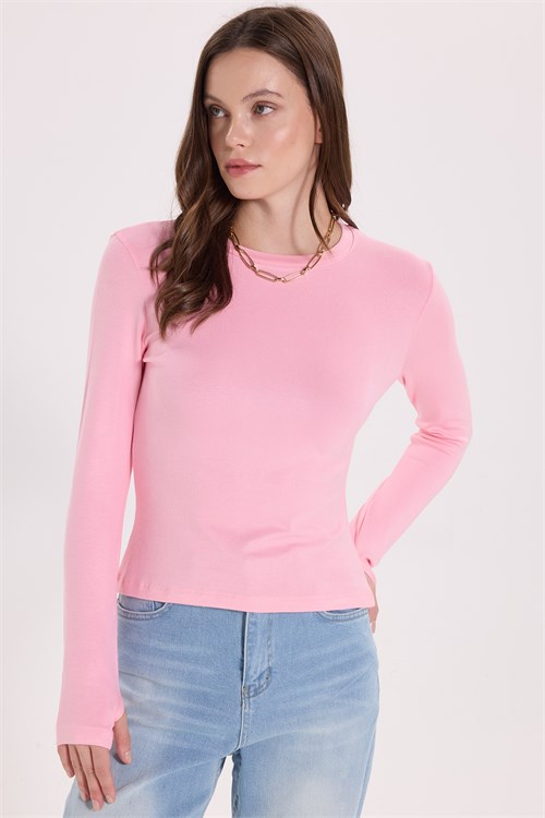 Kadın Slim Fit Dar Kesim Pamuklu Ultra Soft Bisiklet Yaka Modal Pembe Bluz
